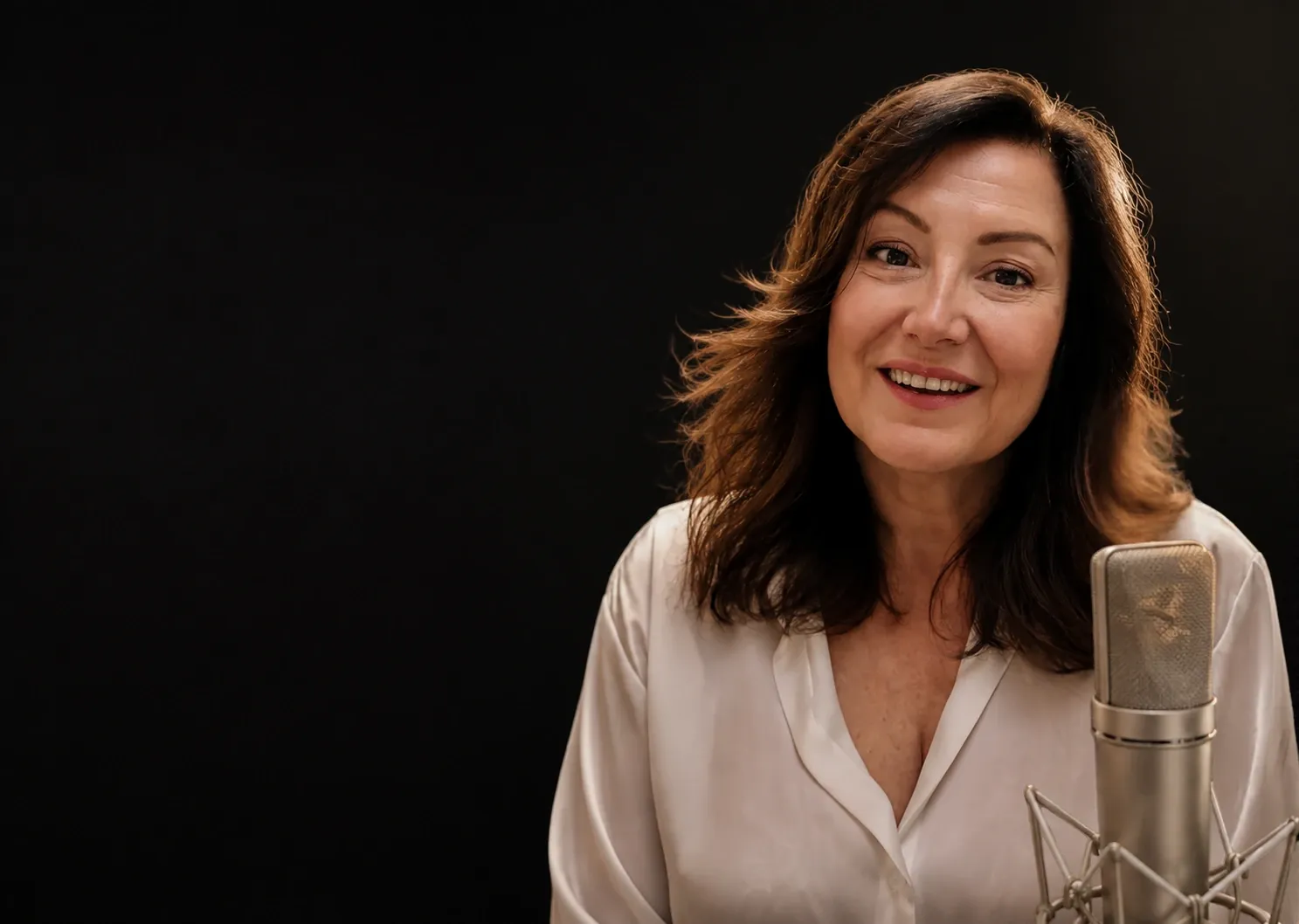 Estelle Hubert souriante à son micro Neumann U87